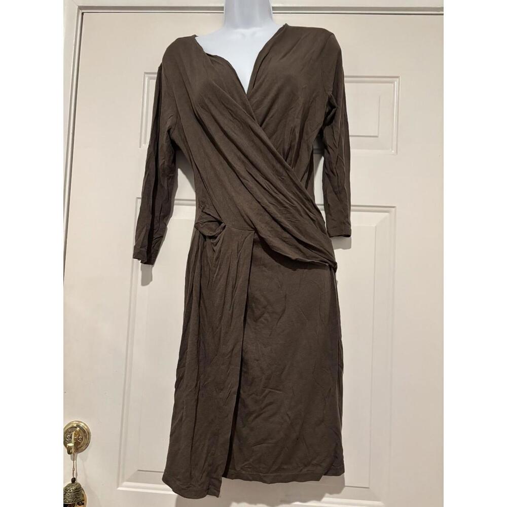 Women's sz L All Saints brown 3/4 length sleeve dress deep V neck #1331